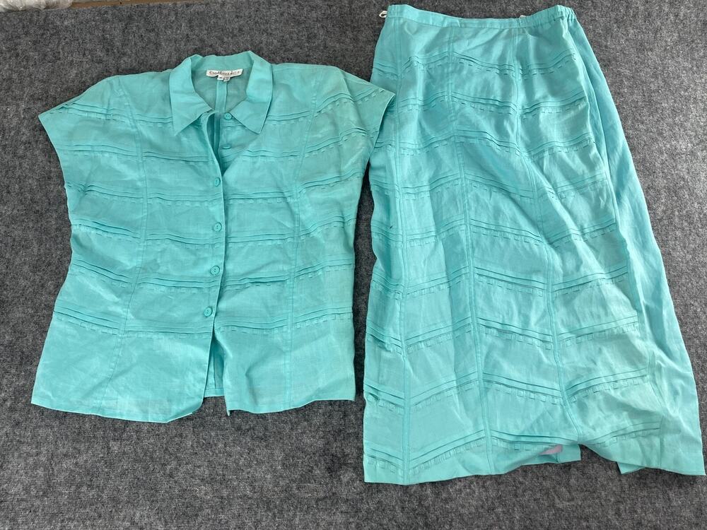 Donna Vinci Skirt Suit Women 14 Blue Blouse Skirt Set Short Sleeve N105